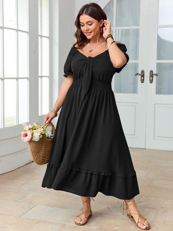 Women's Plus Size Summer Dress Casual V Neck Short Sleeve Maxi Dress Bow Tie Boho Swing Flowy Long Dresses