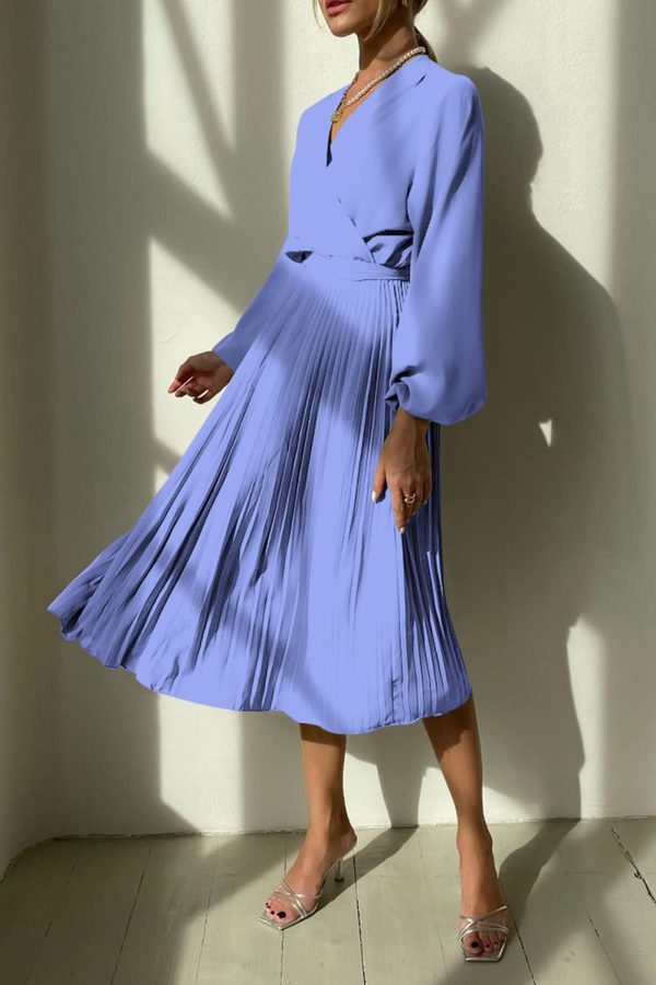 71lPJuuRWL.jpg Women's Spring Midi Dress Long Puff Sleeve Wrap V Neck Flowy Ruffle Pleated Casual Fall Dresses