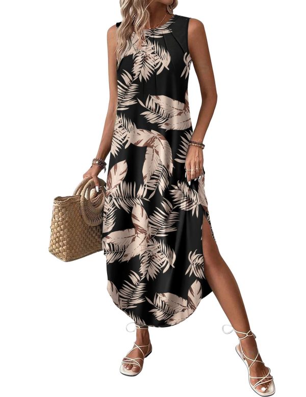 Women Floral Summer Dress Casual Beach Dress Printed Tank Dress with Pockets Pleated Front Long Dress
