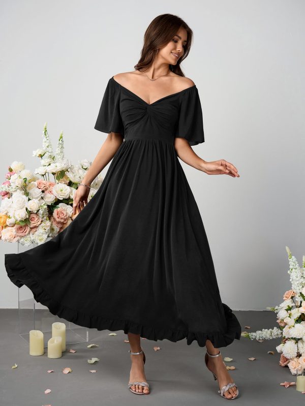 Womens Formal Wedding Guest Dress Short Sleeve V Neck Flowy A Line Elegant Cocktail Bridesmaid Long Maxi Dresses