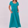 Women Summer Casual Maxi Dress Short Sleeve Square Neck High Waist Flowy A-Line Beach Long Dress with Pockets