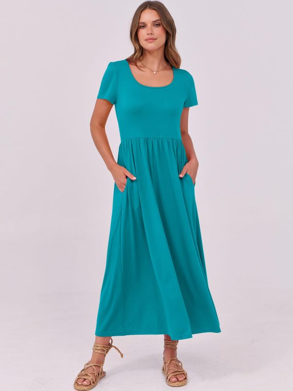 Women Summer Casual Maxi Dress Short Sleeve Square Neck High Waist Flowy A-Line Beach Long Dress with Pockets