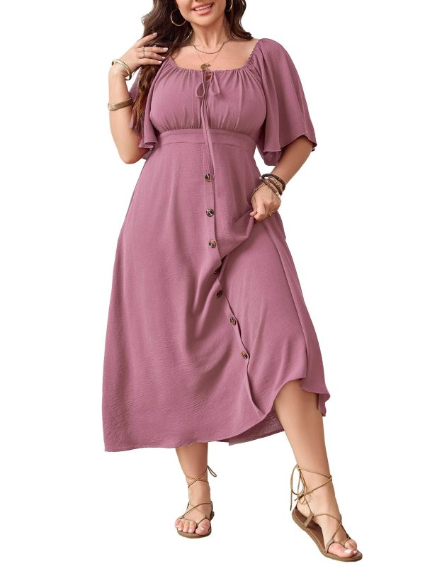 Plus Size Summer Dress Short Sleeve Square Neck Tie Front Smocked Button Down Flowy A-line Boho Maxi Long Dresses