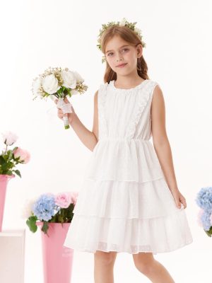 Girls Summer Sleeveless Ruffle Dress Swiss Dot Spring Sundress Flowing Tiered Layers Midi Casual Dress 5-12Y