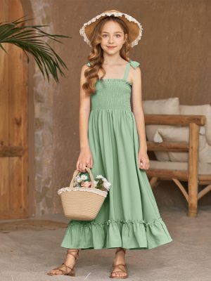 Girls Summer Dress Boho Beach Casual Smocked Maxi Dresses 6-13 Years