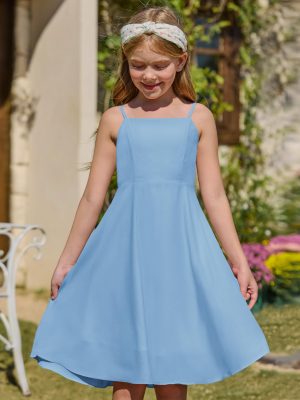 Girls' Dress Square Neck Summer Tie Back Spaghetti Straps Elegant Chiffon A-line Party Dress 7-14 Years