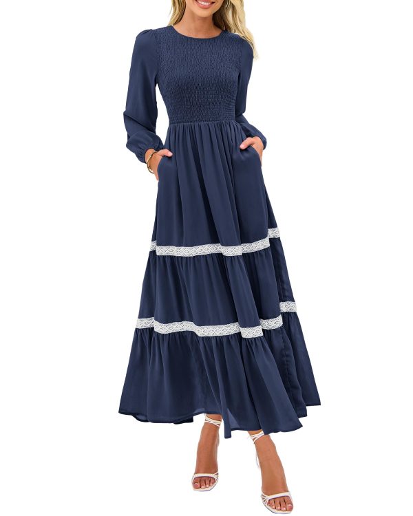 71uPOLvtxfL.jpg Womens Smocked Long Sleeve Maxi Dress Wedding Guest Spring Fall Boho Tiered Lace Trim Flowy Long Dresses Pockets