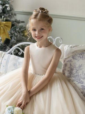 Flower Girl Dresses for Wedding Puffy Satin Tulle Princess Pageant Dress for Girls Crew Neck Tulle Bow Prom Ball Gowns
