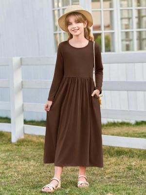Girls Maxi Dress Long Sleeve Casual Holiday Dress with Pockets for 5-14 Years