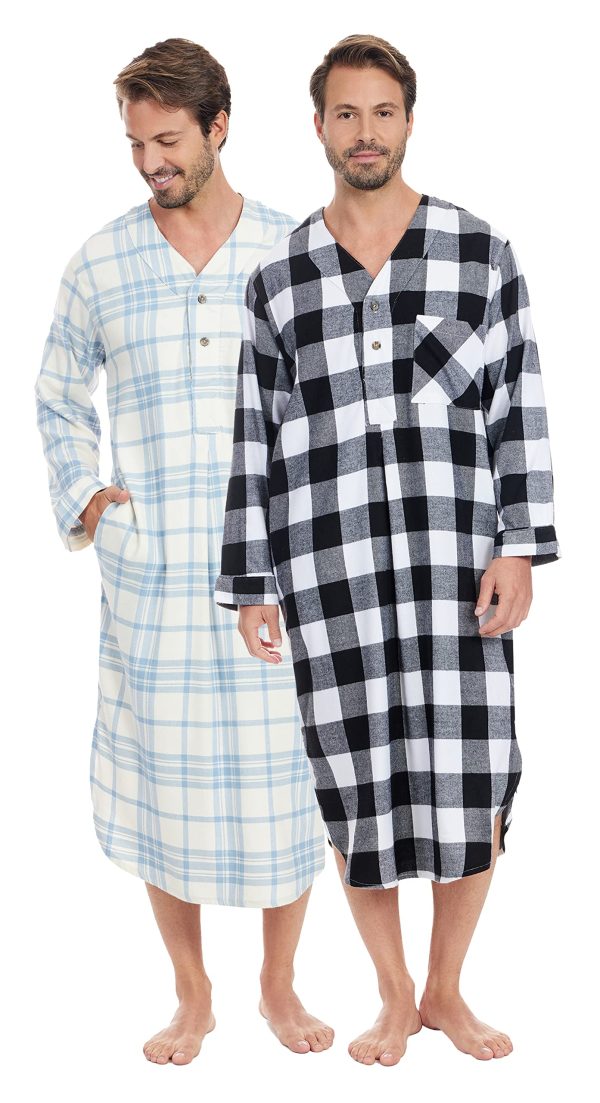 Men's 2 Pack Lightweight Cotton Flannel Sleep Shirt, Long Henley Nightshirt Pajamas