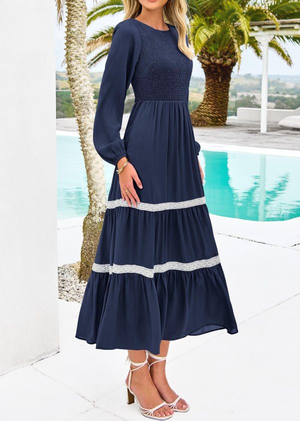 810mID4xnL.jpg Womens Smocked Long Sleeve Maxi Dress Wedding Guest Spring Fall Boho Tiered Lace Trim Flowy Long Dresses Pockets