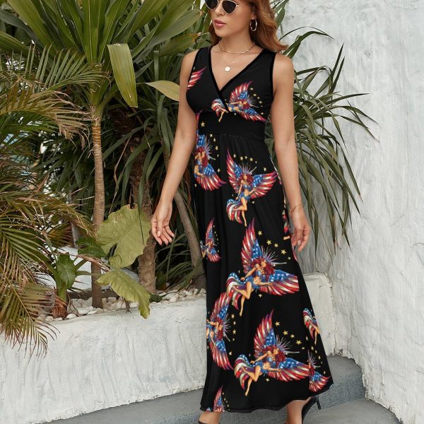 Goddess with USA Flag Wings Womens Casual Sleeveless Dress Maxi Long Beach Dress Sundress