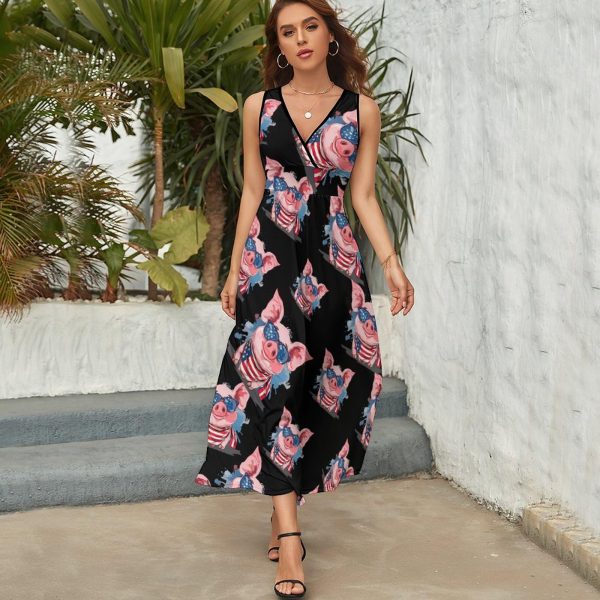 American Flag Pigs Womens Casual Sleeveless Dress Maxi Long Beach Dress Sundress
