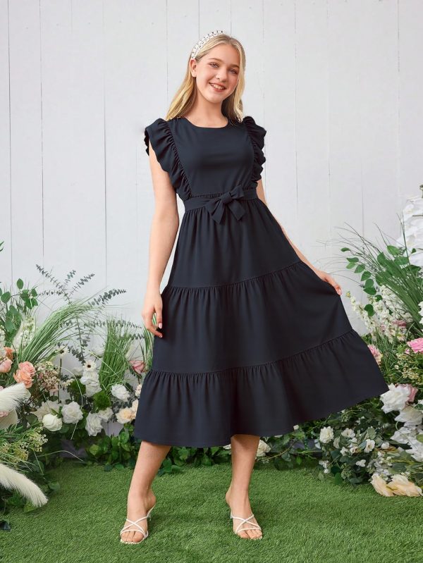 813CTa3bkML.jpg Girls Summer Dresses Ruffle Sleeve Dress A Line Swing Belted Casual Solid Color Party Dress 6-14 Years