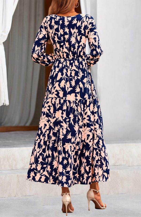 Women's 2024 Fall Dresses Boho Maxi Dress Casual Long Sleeve V Neck Floral Dresses Wedding Guest Dress