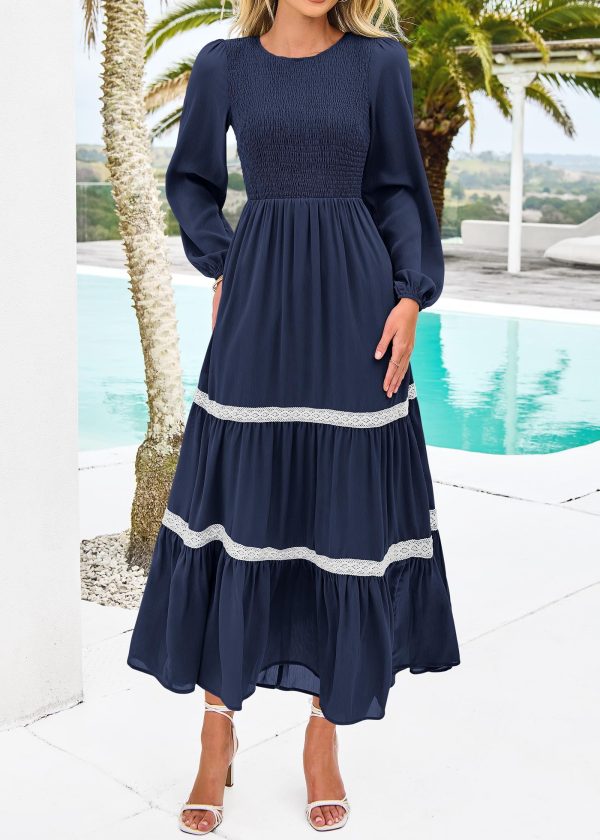 814HOlCWRNL.jpg Womens Smocked Long Sleeve Maxi Dress Wedding Guest Spring Fall Boho Tiered Lace Trim Flowy Long Dresses Pockets