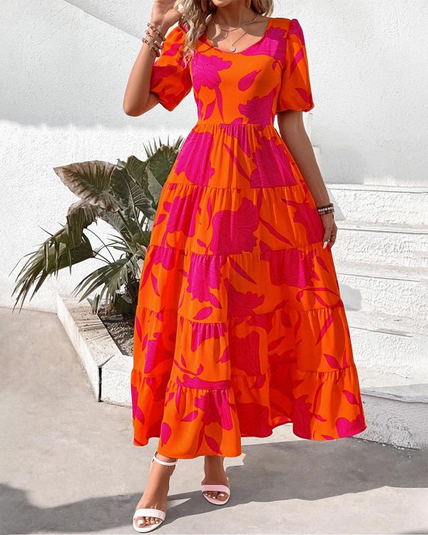 814zMdLsi9L.jpg Casual Women Summer Dresses 2024 Puff Sleeve Floral Maxi Dresses Smocked Backless Flowy Tiered Beach Long Dress