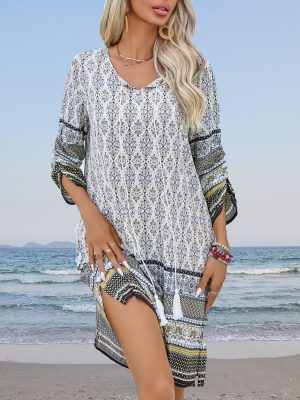 Women Casual Beach Summer Dress Boho Tassel Tie Neck 3/4 Long Sleeve Short Floral Print Flowy Cover Up Sundresses