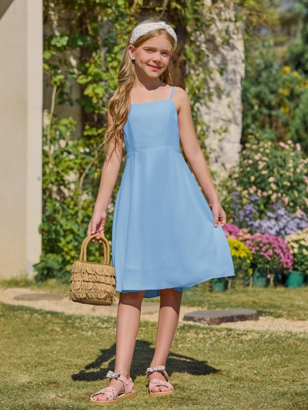 8159U2EmAL.jpg Girls' Dress Square Neck Summer Tie Back Spaghetti Straps Elegant Chiffon A-line Party Dress 7-14 Years