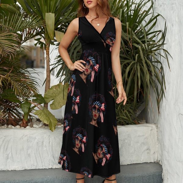 Black Women US Flag Melanin Afro 4th of July African American Womens Casual Sleeveless Dress Maxi Long Beach Dress Sundress