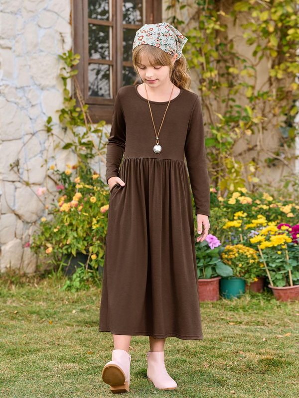 816NuoMUC6L.jpg Girls Maxi Dress Long Sleeve Casual Holiday Dress with Pockets for 5-14 Years