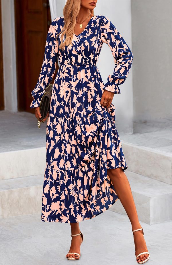 Women's 2024 Fall Dresses Boho Maxi Dress Casual Long Sleeve V Neck Floral Dresses Wedding Guest Dress