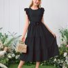 817wpj9ZKUL.jpg Girls Summer Dresses Ruffle Sleeve Dress A Line Swing Belted Casual Solid Color Party Dress 6-14 Years
