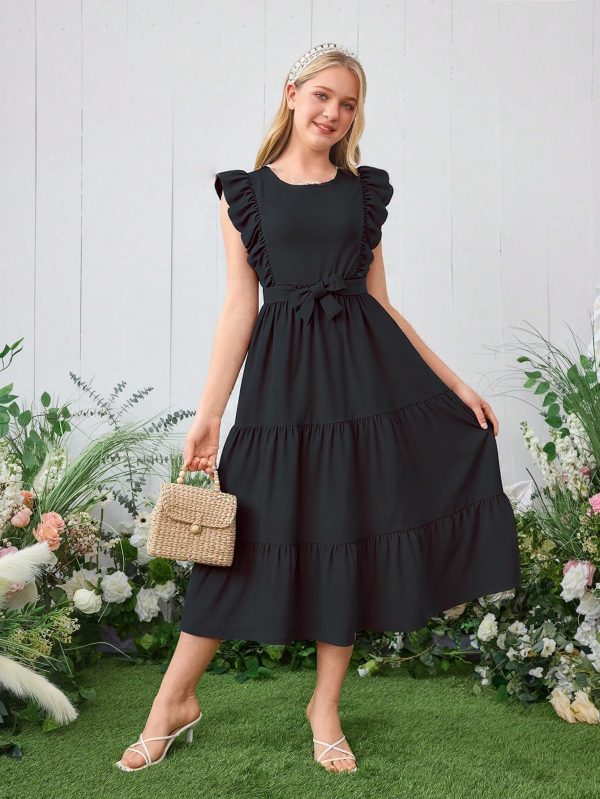 817wpj9ZKUL.jpg Girls Summer Dresses Ruffle Sleeve Dress A Line Swing Belted Casual Solid Color Party Dress 6-14 Years