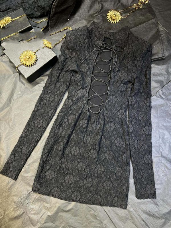 8186h1u-aEL.jpg Women's Backless Party Dress - Crisscross Lace-Up Long Sleeve Bodycon Midi Dress