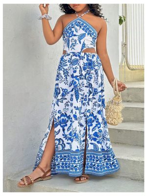 Girl's Summer Long Dress Cut Out Halter Neck Slit Beach Vacation Dresses
