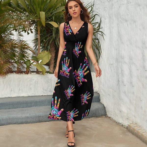 Hand Print Peace Sign Womens Casual Sleeveless Dress Maxi Long Beach Dress Sundress