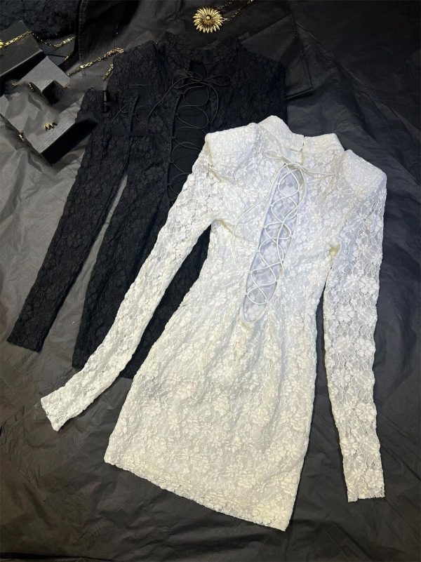 81DfXTiWvL.jpg Women's Backless Party Dress - Crisscross Lace-Up Long Sleeve Bodycon Midi Dress