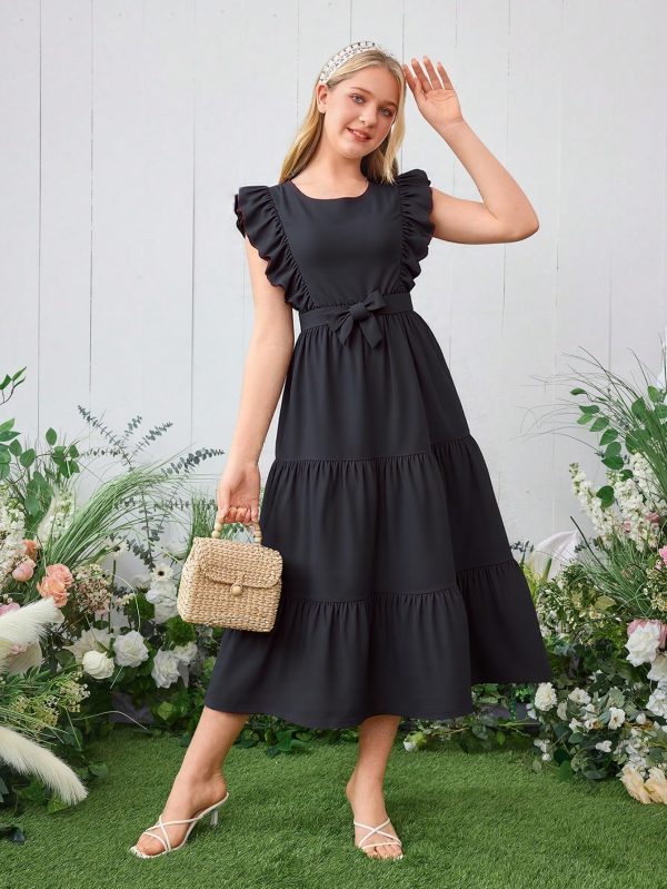 81EUETEiYL.jpg Girls Summer Dresses Ruffle Sleeve Dress A Line Swing Belted Casual Solid Color Party Dress 6-14 Years