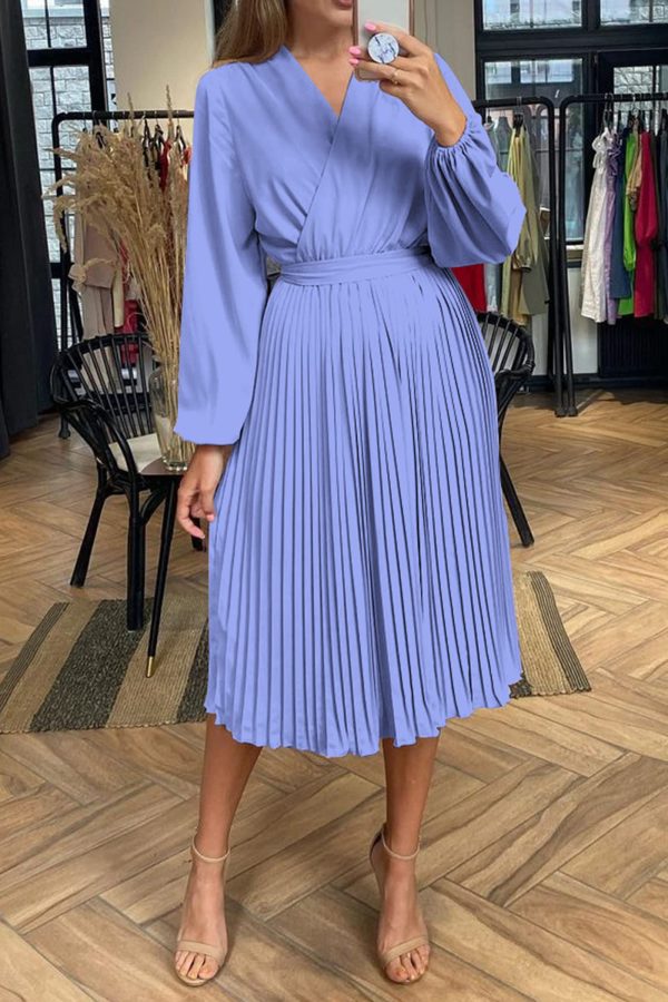 81FYy4f-RL.jpg Women's Spring Midi Dress Long Puff Sleeve Wrap V Neck Flowy Ruffle Pleated Casual Fall Dresses