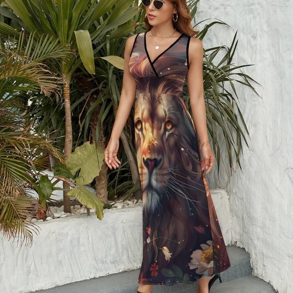 Wild Animals Lion Flowers Womens Casual Sleeveless Dress Maxi Long Beach Dress Sundress