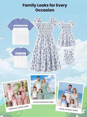 Family Matching Outfits Boho Floral Print Square Neck Puff Sleeve Smocked Dress and Short Sleeve T-Shirts Matching Set