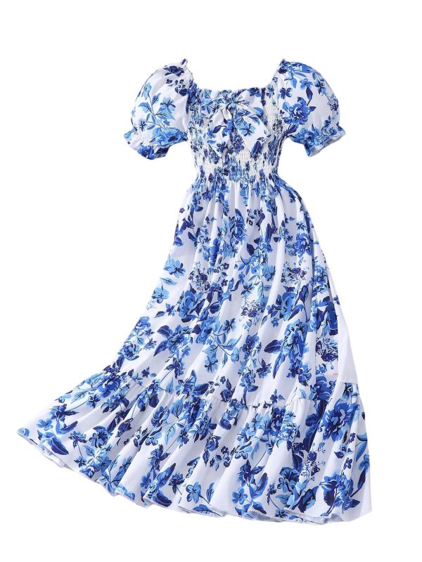 Girl's Summer Floral Bow Front Puff Sleeve Dress Shirred Tiered Ruffle Hem A Line Long Dress