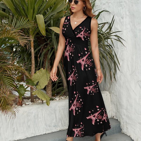 Paris France Eiffel Tower Souvenir Womens Casual Sleeveless Dress Maxi Long Beach Dress Sundress