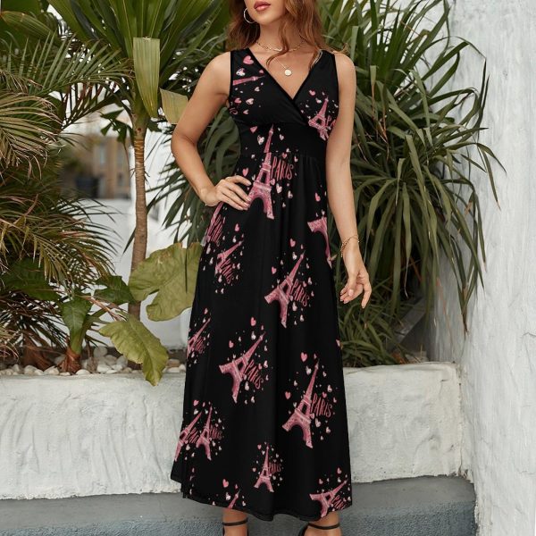 Paris France Eiffel Tower Souvenir Womens Casual Sleeveless Dress Maxi Long Beach Dress Sundress