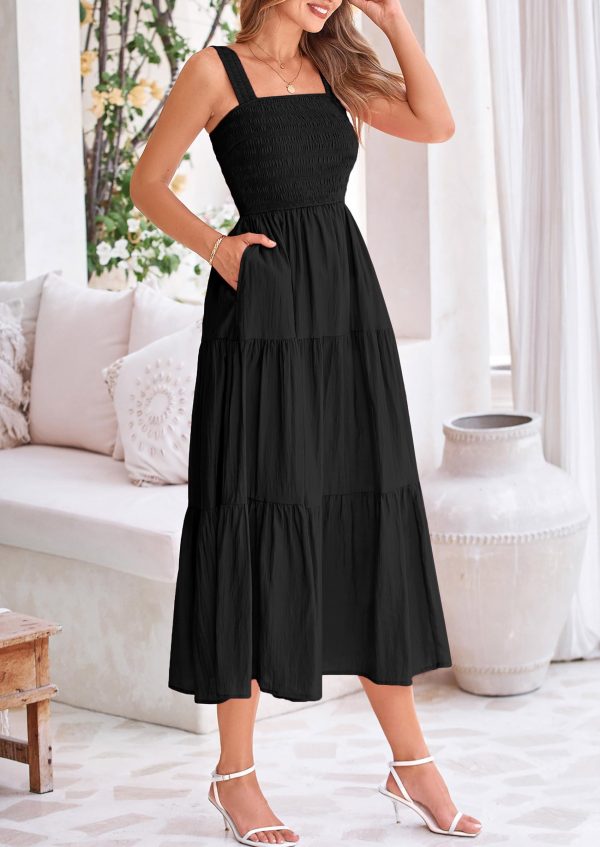 Midi Dress for Women 2025 Summer Smocked Ruffle A Line Long Flowy Dresses Cute Sleeveless Beach Sundress