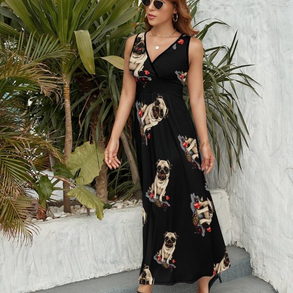 Poker Pug Lover Cute Dog Playing Cards Womens Casual Sleeveless Dress Maxi Long Beach Dress Sundress