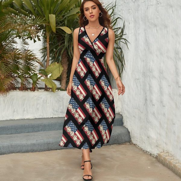 Vintage Baseball American Flag Womens Casual Sleeveless Dress Maxi Long Beach Dress Sundress