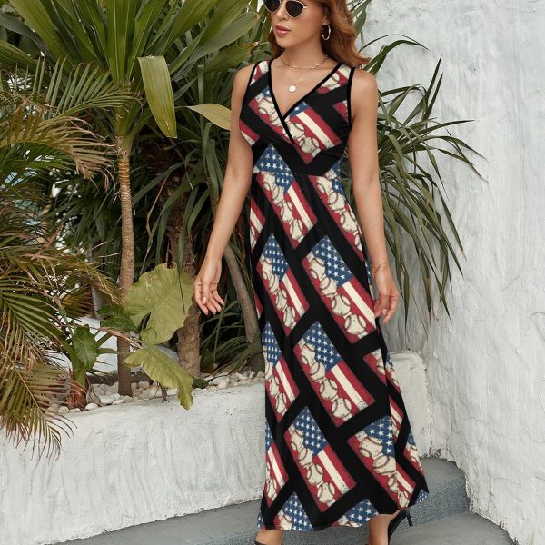 Vintage Baseball American Flag Womens Casual Sleeveless Dress Maxi Long Beach Dress Sundress