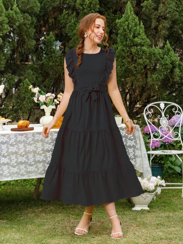 81N53uk7PCL.jpg Girls Summer Dresses Ruffle Sleeve Dress A Line Swing Belted Casual Solid Color Party Dress 6-14 Years