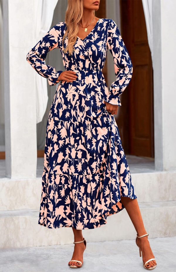 Women's 2024 Fall Dresses Boho Maxi Dress Casual Long Sleeve V Neck Floral Dresses Wedding Guest Dress