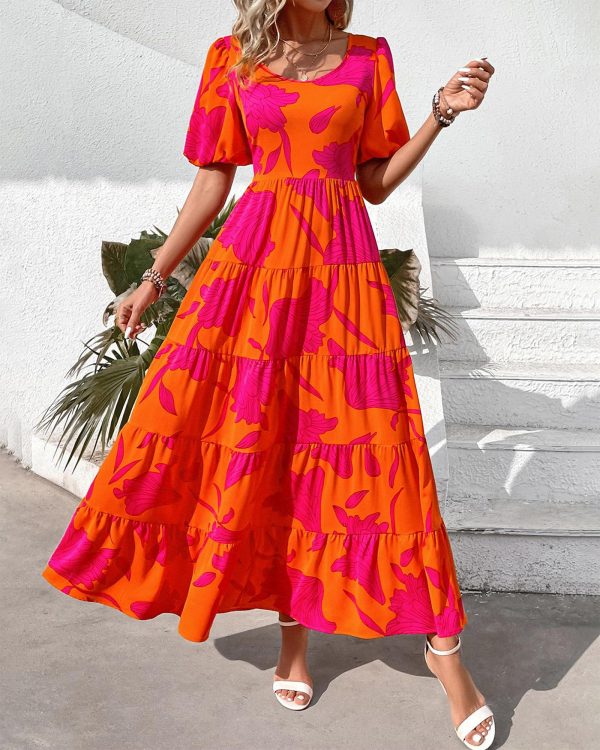81PiWHH7oGL.jpg Casual Women Summer Dresses 2024 Puff Sleeve Floral Maxi Dresses Smocked Backless Flowy Tiered Beach Long Dress