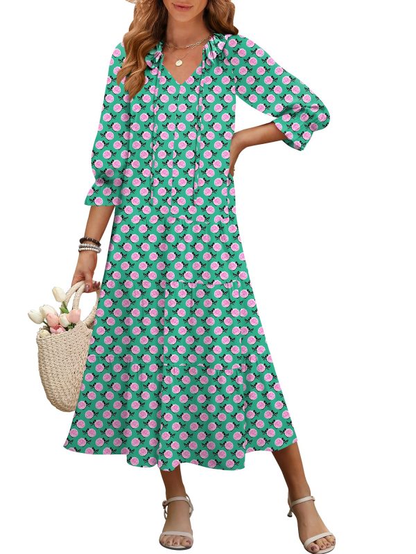 81RLIRW0wIL.jpg Women's Boho Maxi Dresses 2025 Summer Casual V Neck Puff Sleeve Floral Tiered Flowy Swing Beach Vacation Long Dress