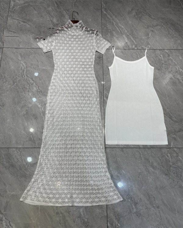 81SpLobAAL.jpg Women's Sheer Jacquard Trumpet Dress - Hollow Out Short Sleeve Suspender Mermaid Gown