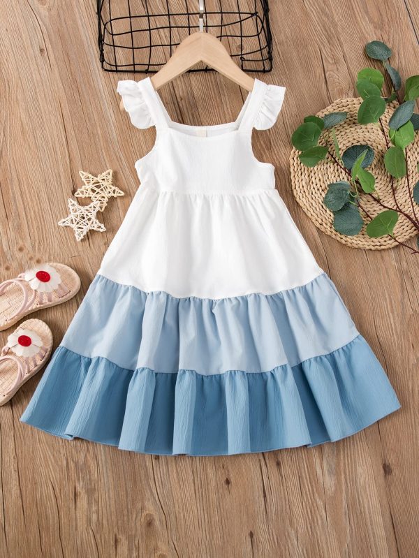 Girls' Color Block Ruffle Trim Sleeveless High Waist Flared Long Cami Dress