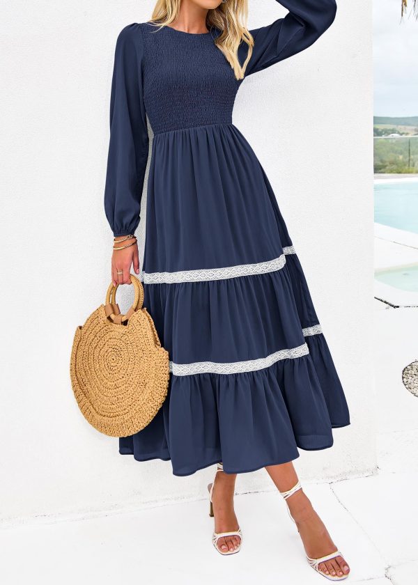 81TyTzJyseL.jpg Womens Smocked Long Sleeve Maxi Dress Wedding Guest Spring Fall Boho Tiered Lace Trim Flowy Long Dresses Pockets